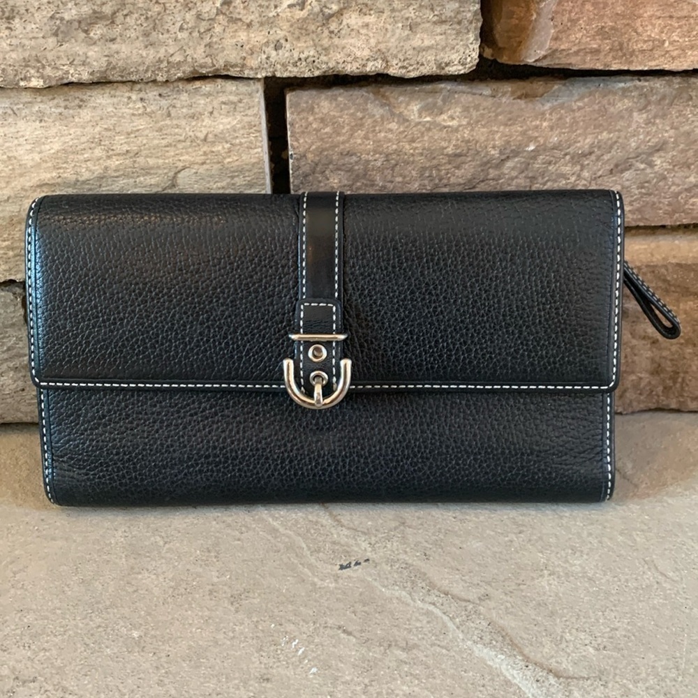 Coach black pebbled leather wallet with silver buckle accent closure